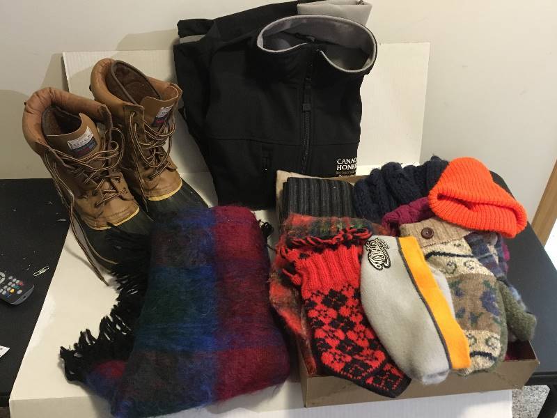 lot 128 image: Duckboots 8, Hats, Mittens, Scarves, XL Jacket