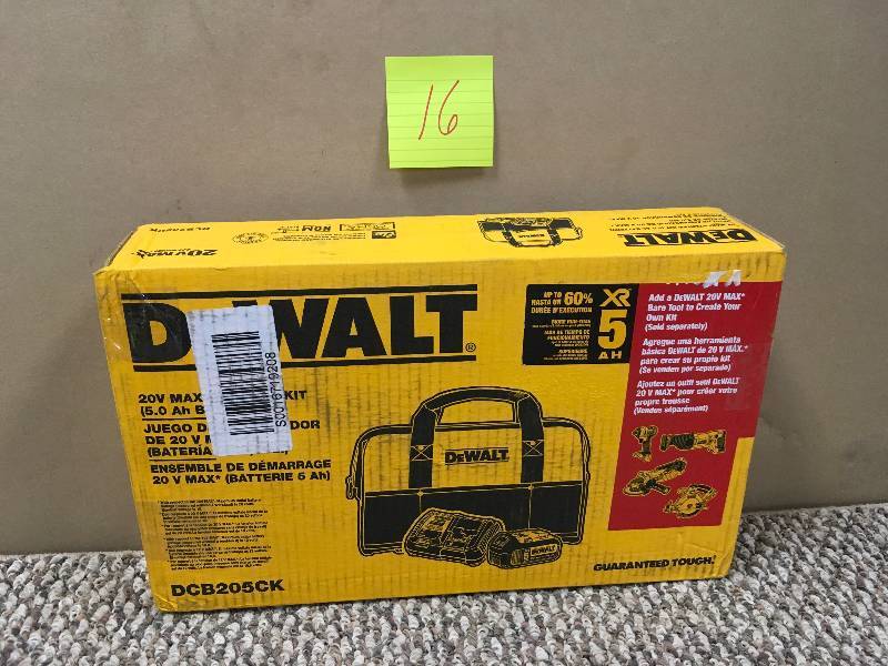 lot 16 image: DeWalt 20V MAX 5.0Ah Lithium-Ion Battery & Charger Starter Kit W Contractor Bag New
