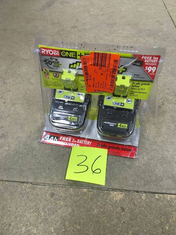 lot 36 image: RYOBI 18-Volt ONE Lithium-Ion High Capacity Lithium Battery Pack 4.0Ah (2-Pack) NEW