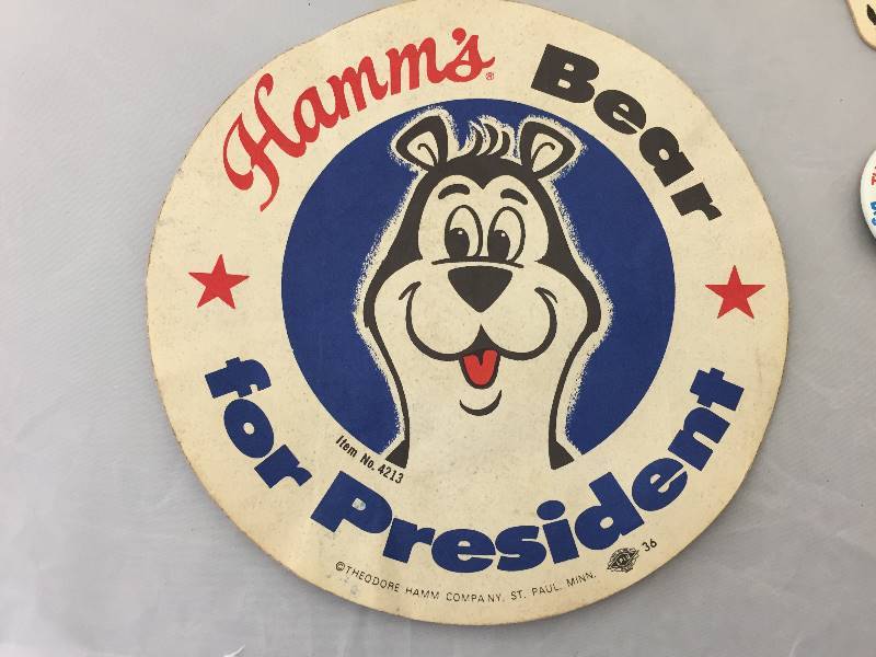 lot 7A image: Hamms Ashtray, 4 Coasters, President Pin & Sticker