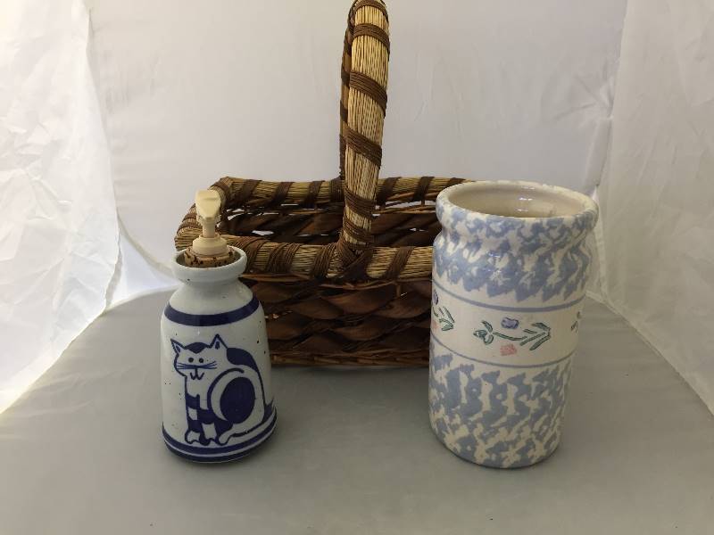lot 39 image: Basket, Pottery Vase, Pottery Cat Soap Dispenser