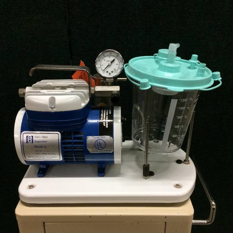 lot 20 image: Gen-Med Portable Suction Pump Aspirator Model A Mounted On Cart With Drawer 115 V  60 Hz  3.0 Amp - Great Working Condition