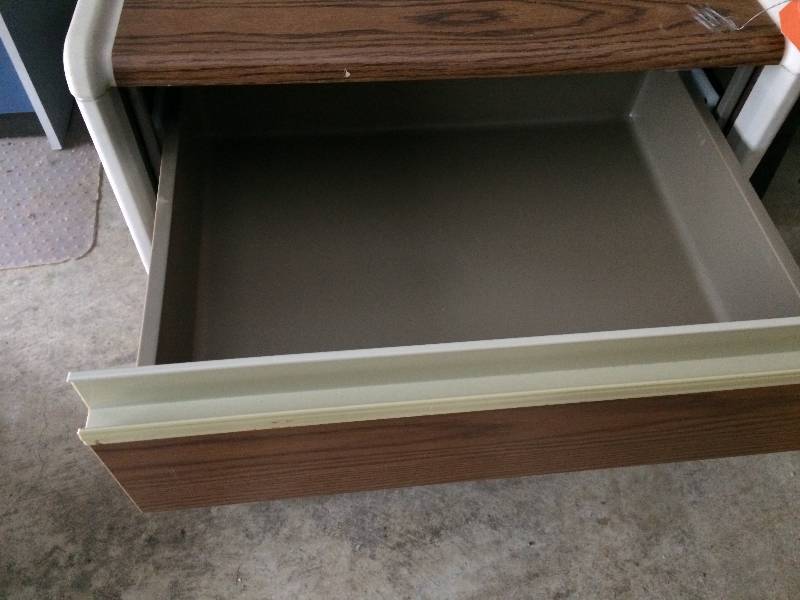 lot 2 image: LAST ONE Retails Used $250 Hill-Rom Vista Hospital Grade Medical Clinic Nursing Home Care Facility Patient Bedside 3 Drawer Wood Grain Mobile Cabinet Ventilated Dresser Storage - Excellent Condition