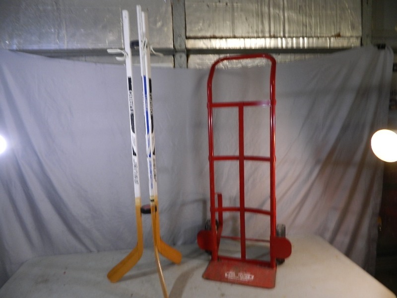 lot 105 image: Craftsman Cart and Hockey Stick Coat Rack