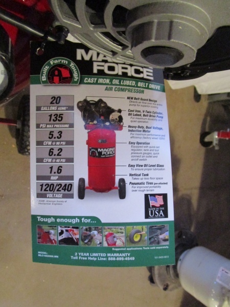 lot 57 image: Magna Force 20 Gallon Air Compressor