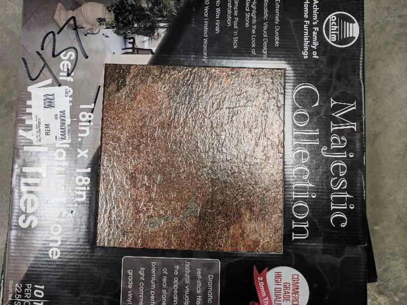 lot 437 image: Nine Majestic Rustic Copper Slate 18x18 2.0mm VINYL Floor Tile - 10 Tiles per pack (nine packs) 22.5 Sq.Ft. THIS IS FOR 9 PACKS OF 10 TILES.