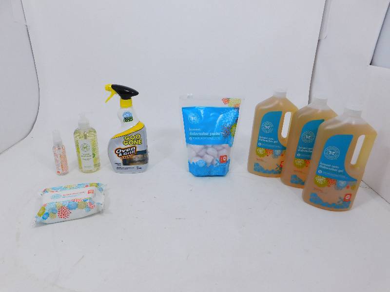 lot 33 image: Dishwasher Soap, Goo Gone Oven & Grill Cleaner, Dryer Cloths