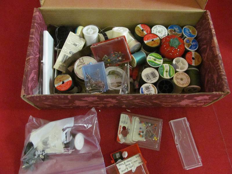 sewing thread, pins