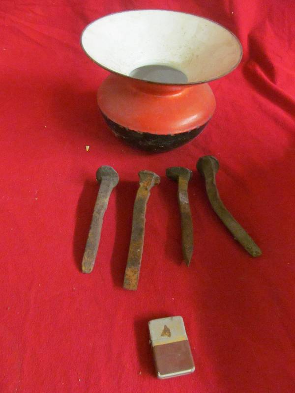 railroad spikes, spittoon