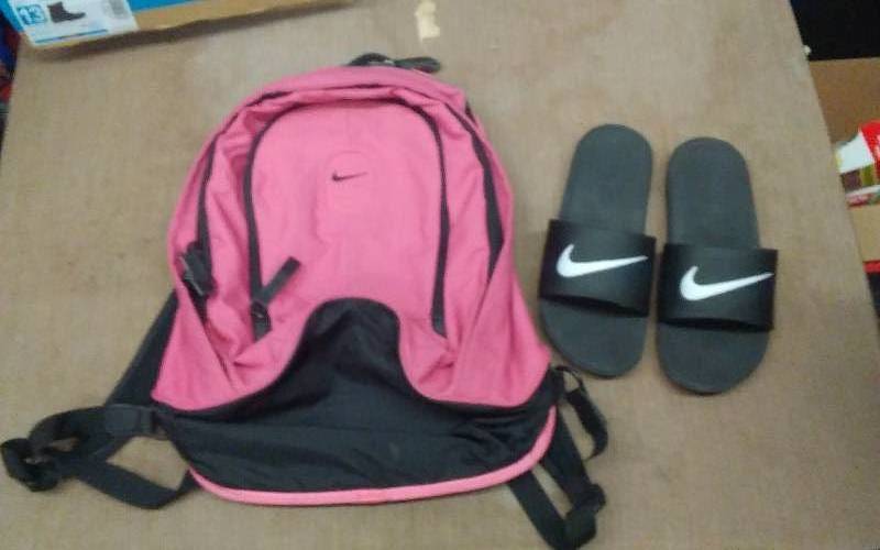 Pink Nike Back Pack, Pair Of Nike Sandal Slides Size 7Y