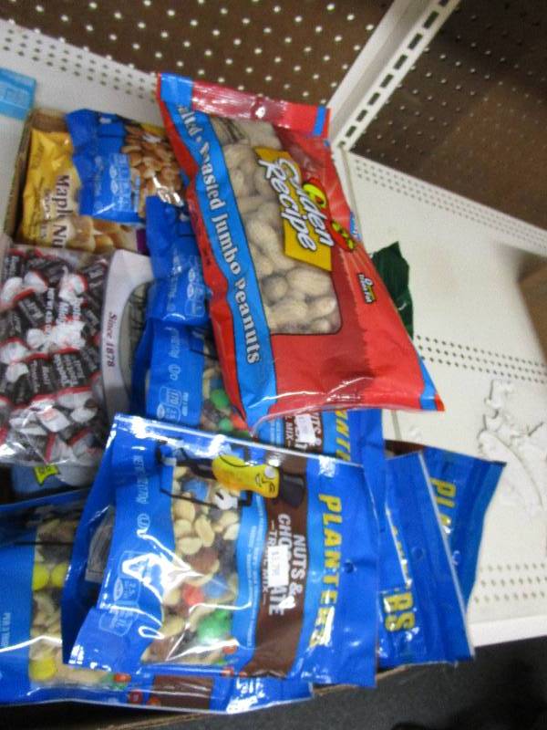 Box full of candy 20 ct peanuts, trailmix, peanuts, mint patties, maple nut and more  Shelf Pulled Items