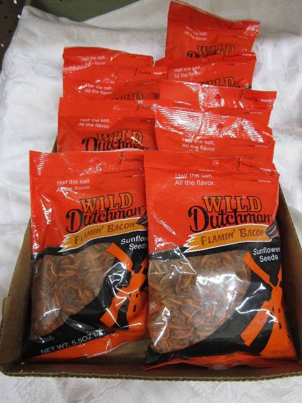 Box full of candy 9 bags of Flamin Bacon Sunflower seeds  Shelf Pulled Items