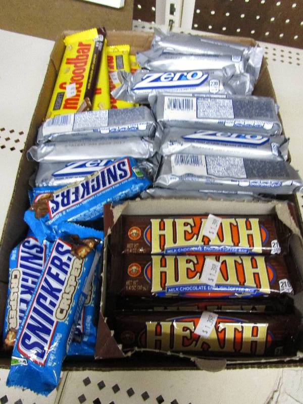 Box full of candy 59 ct heath, mr goodbar, zero and snikers  Shelf Pulled Items