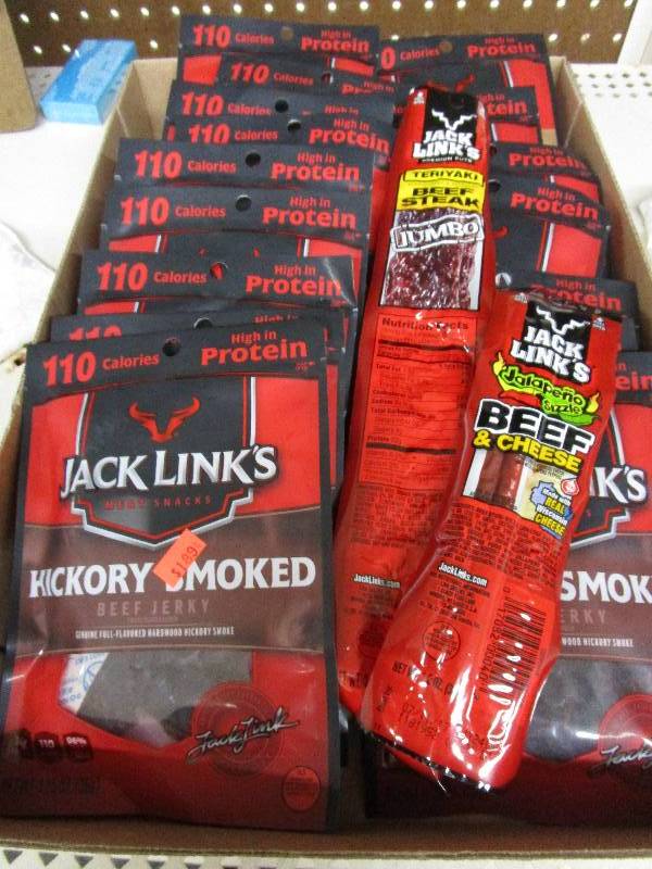 Box full of 16 bags of beef jerky and 2 sticks  Shelf Pulled Items