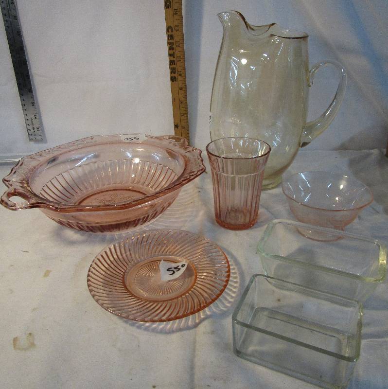 Pink Depression and pitcher and refridgerator dishes 7 pc total