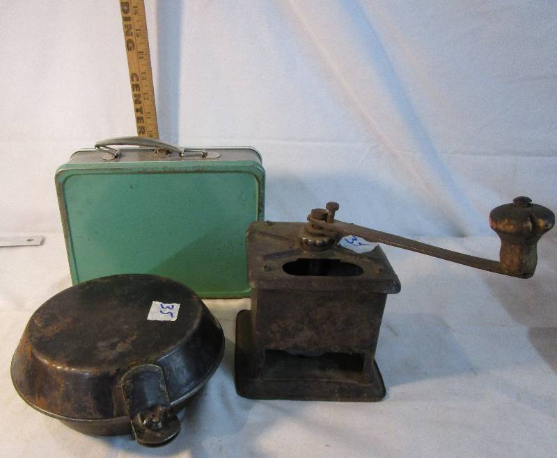 Various Antiques old Lunch Box, Coffee Grinder and Camping Pans