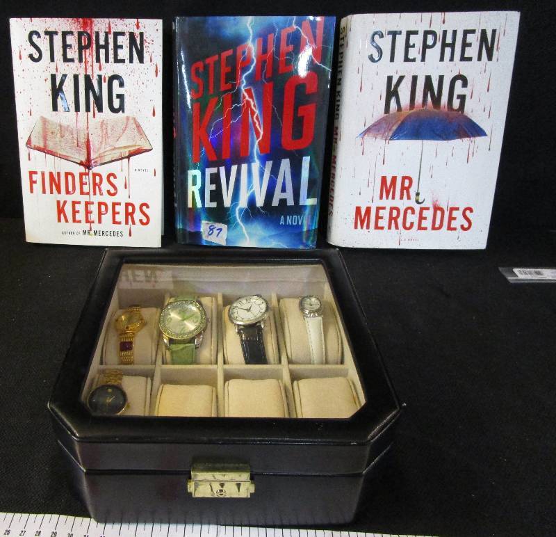 3 Stephen King Books and 5 Watches in Display Box