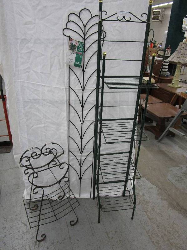 Green Collapsible Shelf Metal, Trellis and Ashtray Stand all Metal