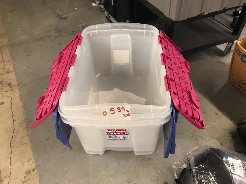 lot 539 image: 3 PLASTIC STORAGE TOTES