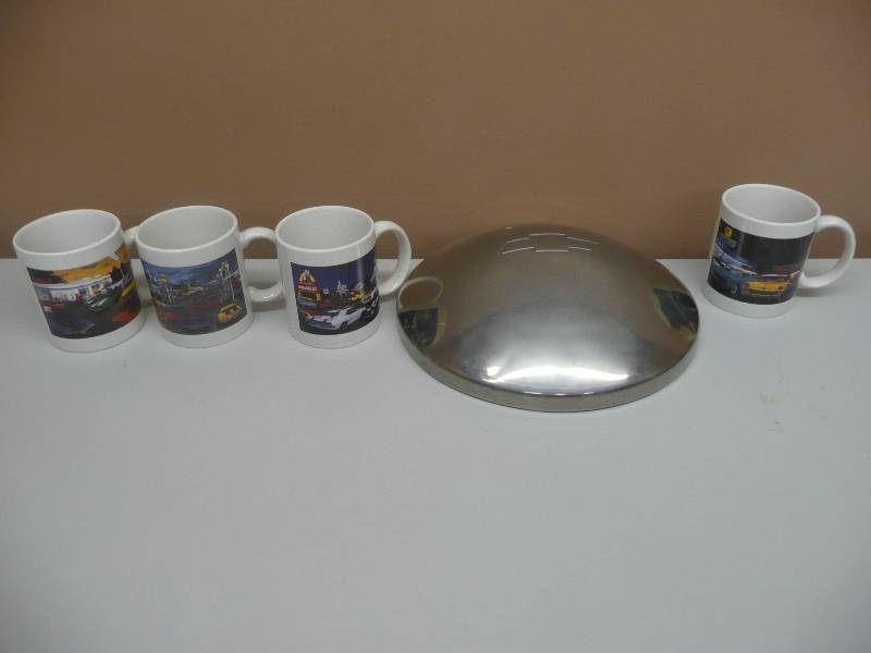 lot 36 image: CHEVY COLLECTION - NEW IN BOX CHEVY CAMARO & CHEVELLE MUGS - VINTAGE CHEVY HUBCAP - SEE PICTURES