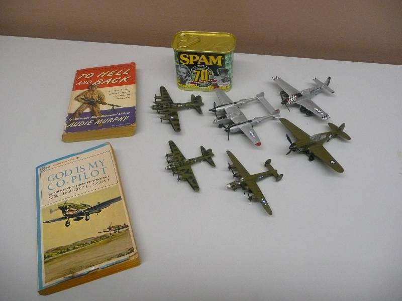 lot 37 image: LARGE MILITARY VINTAGE COLLECTION - 2 BOYS LIFE 1962 - GOD IS MY PILOT 1968 - TO HELL AND BACK 1955 - 6 CAST PLANES - CAN OF SPAM 70TH ANNIVERSARY - CORGI DH Comet 4 BOAC Airplane Desk Model - STILL IN BOX - SEE PICTURES