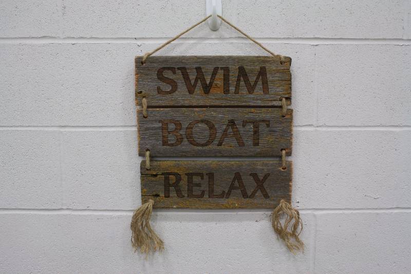 lot 115 image: Wood Sign Swim, Boat, Relax