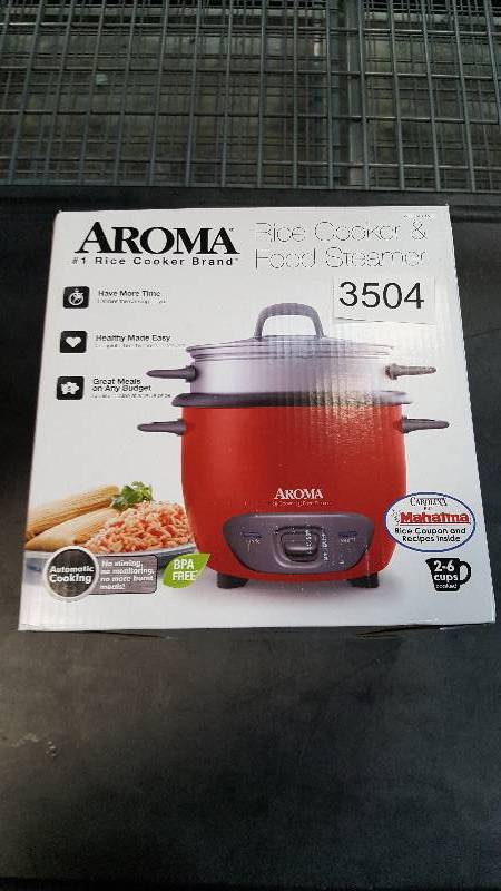 lot 3504 image: Aroma 6-Cup Rice Cooker With Steam Tray - Red