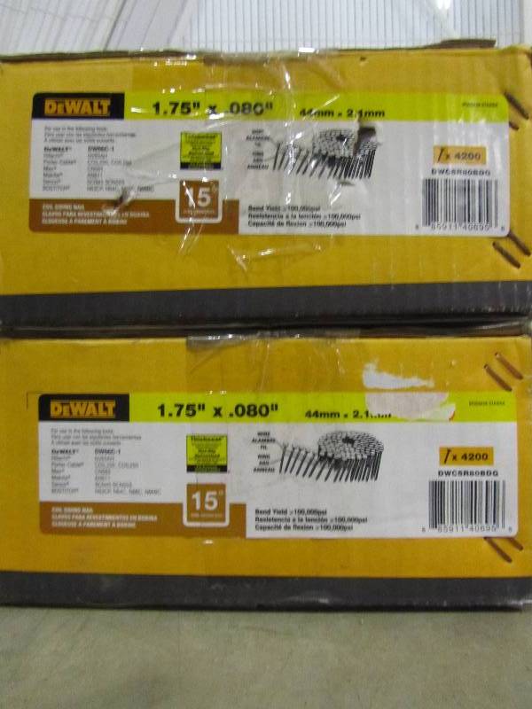 lot 31 image: DEWALT 1-34 in. x 0.080 in. Galvanized Metal Ring Shank Coil Nails (4200-Pieces) (x2)