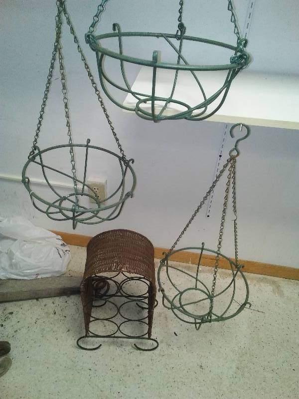 lot 37 image: 3 Heavy Gauge Plant Hangers and wine rack