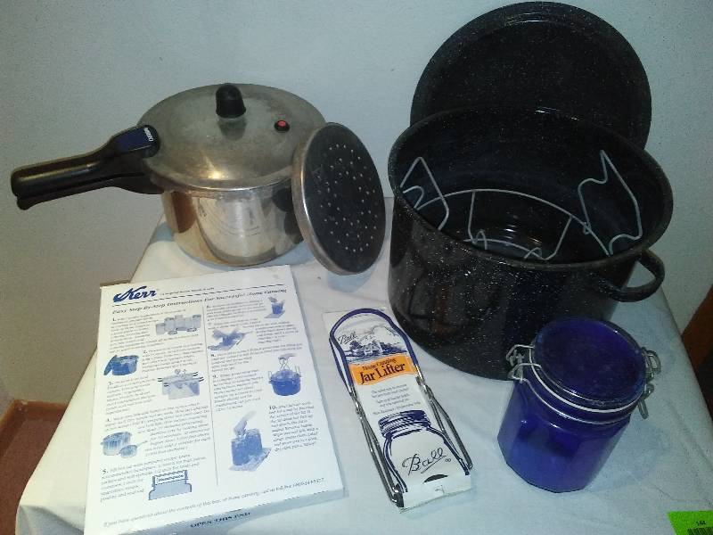 lot 144 image: Canning Supplies, Mirro Pressure Cooker, Ball and Kerr Supplies