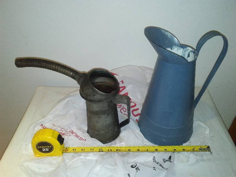 lot 150 image: 2 Metal Containers  Oil Spout and Water