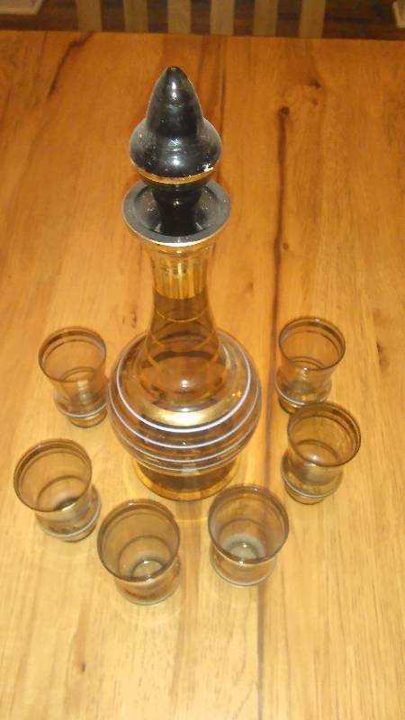lot 48 image: Vintage Amber Gold and White Bohemian Crystal Decanter Set with Six Glasses Made in Czechoslovakia Mid Century Modern Barware Bar Decor Bohemia
