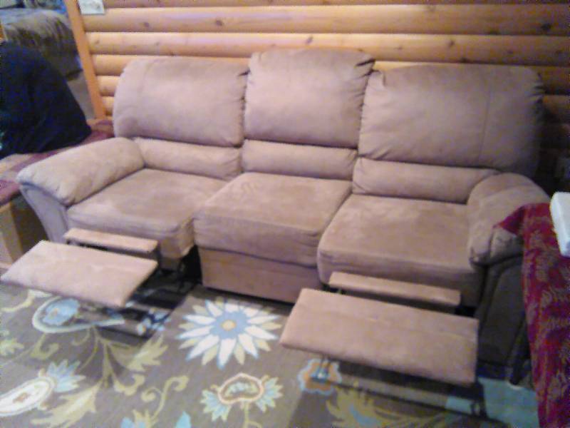 lot 65 image: Tan Micro Fiber Double Recliner Sofa, Great Condition