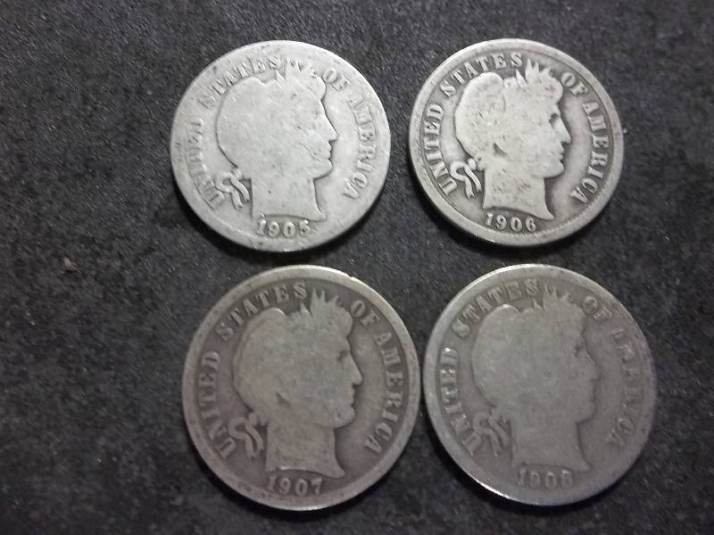 1905 S, 1906, 1907, 1908 D Barber Dimes