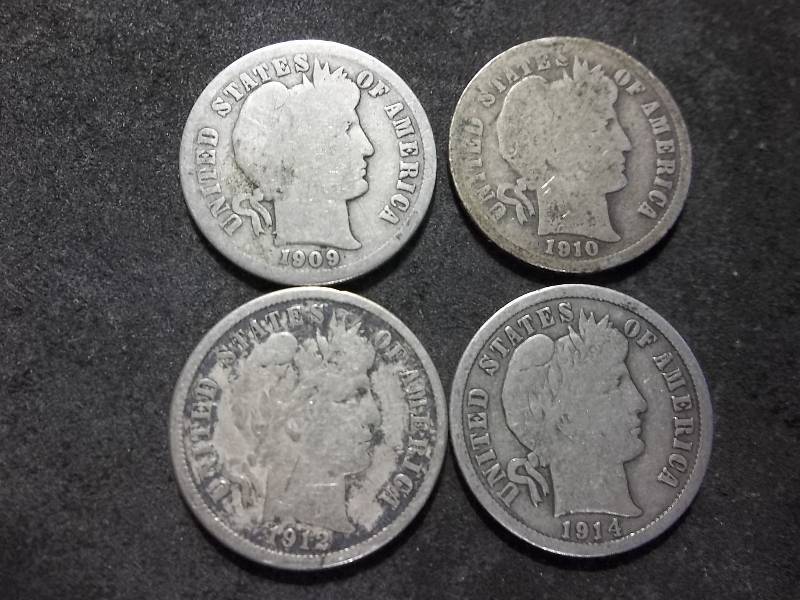 1909 O, 1910, 1912 D, 1914 D Barber Dimes