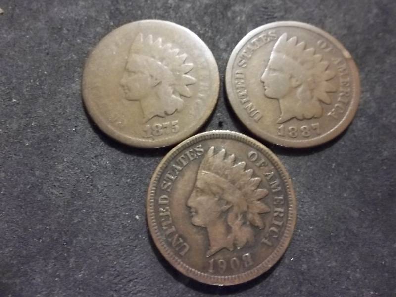 1875, 1887, 1908 Indian Head Cents