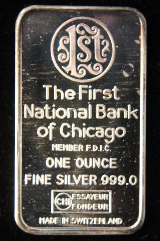 1 TROY OZ. .999 FINE SILVER BAR 1ST NATIONAL BANK CHICAGO