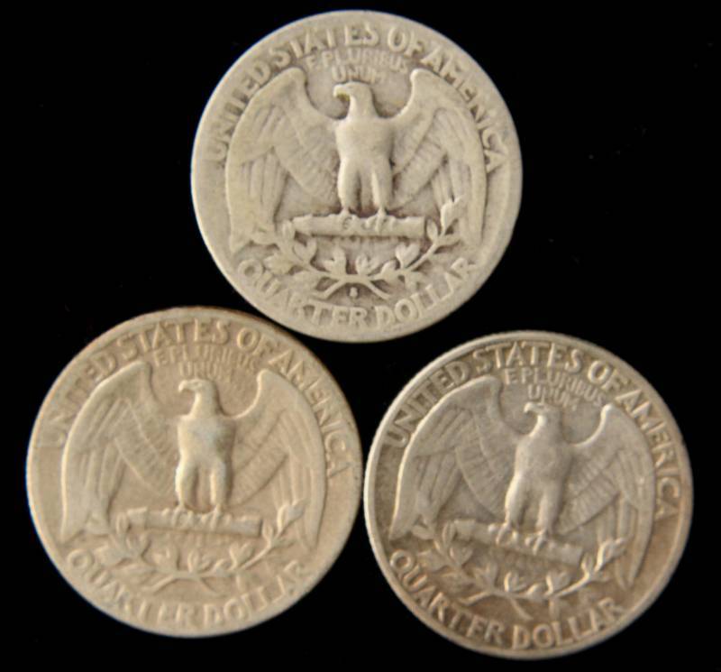 3 SILVER WASHINGTON QUARTERS 1938-S, 1942, 1949