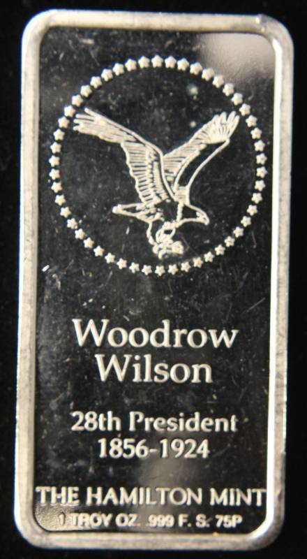 1 TROY OZ. .999 FINE SILVER BAR WOODROW WILSON