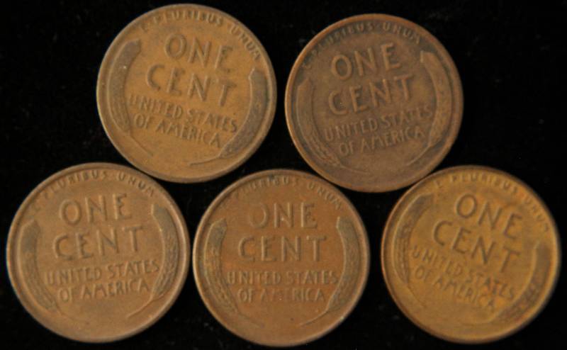 GROUP OF 5 US WHEAT CENTS MIXED DATE 1909-TEENS