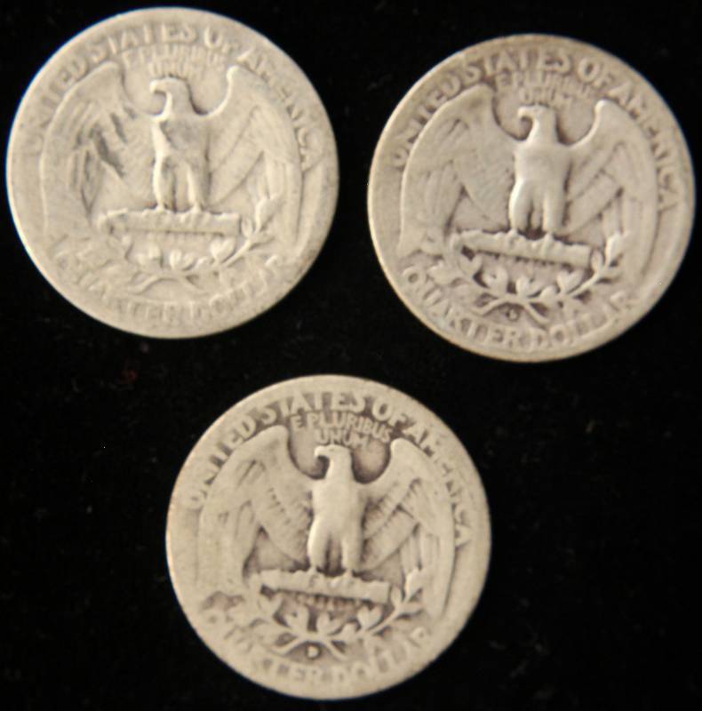 GROUP OF 3 SILVER WASHINGTON QUARTERS 1934, 1934-D, 1945-S