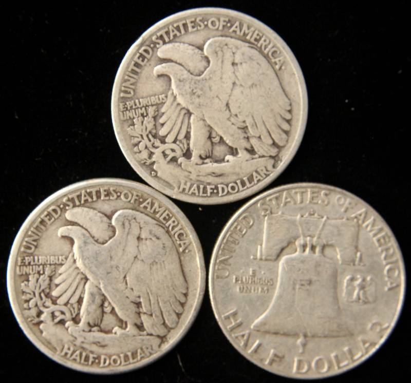 3 SILVER HALF DOLLARS 1941-D, 1942 WALKER, 1953-D FRANKLIN