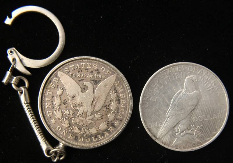 2 SILVER DOLLARS 1901-O MORGAN IN KEYCHAIN & 1922 PEACE