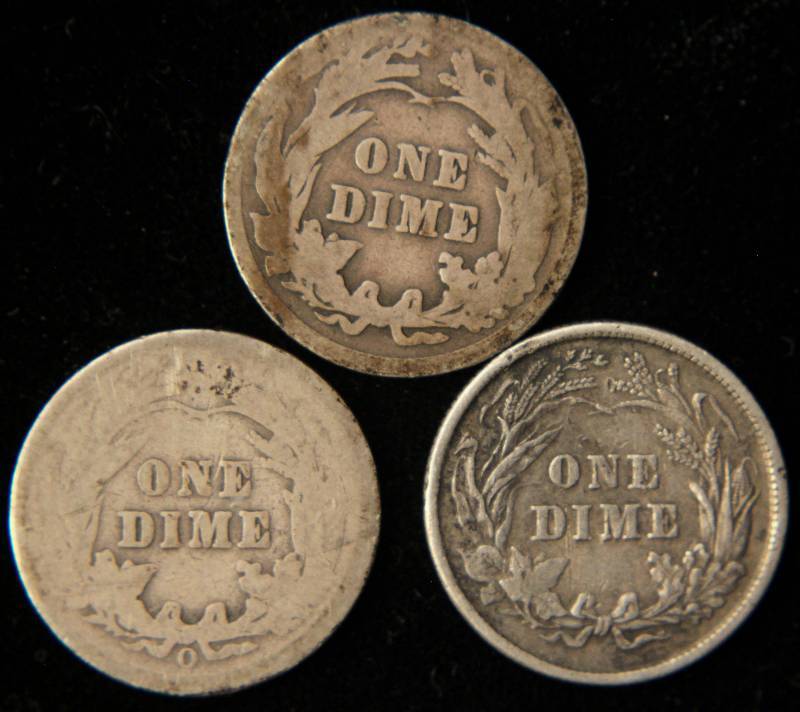3 BARBER SILVER DIMES 1897, 1908-O, 1912