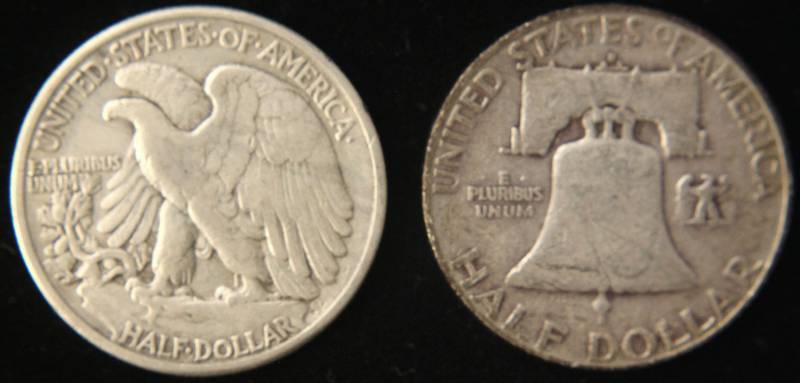 2 SILVER HALF DOLLARS 1942 WALKING LIBERTY, 1952-D FRANKLIN