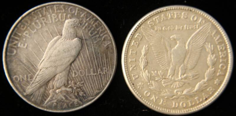 2 SILVER DOLLARS 1921-S MORGAN, 1922 PEACE