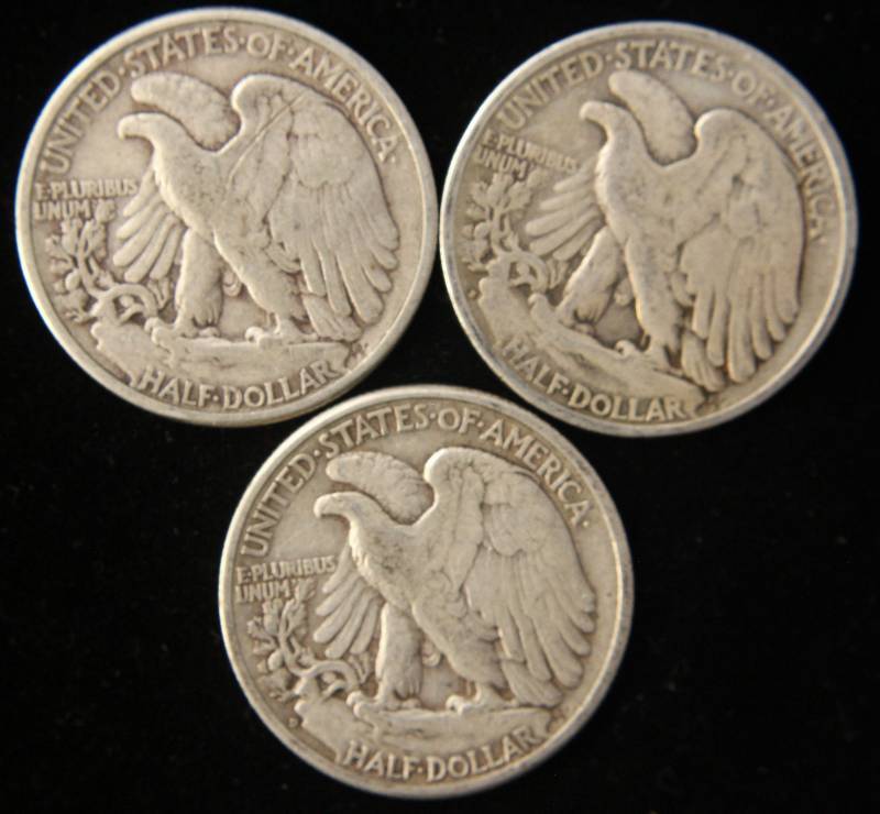 3 SILVER WALKING LIBERTY HALF DOLLARS 1941, 1941-D, 1941-S