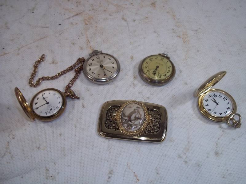 lot 146 image: 4 Pocket watches and belt buckle