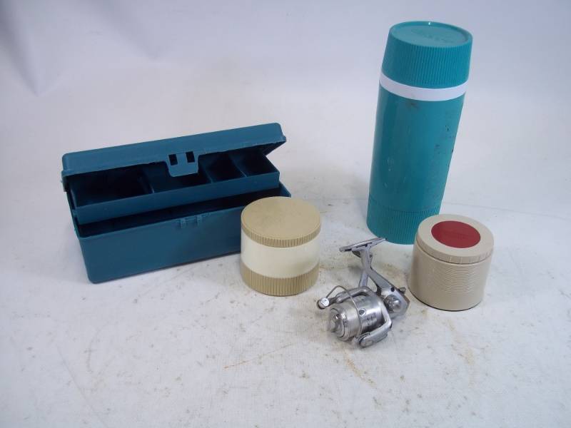 lot 172 image: Fishing Reel, 3 thermos, and Tackle Box