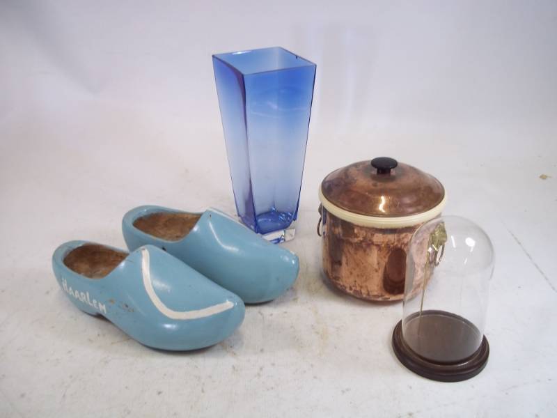 lot 177 image: Wooden Shoes, Vase, copper Pot and display case
